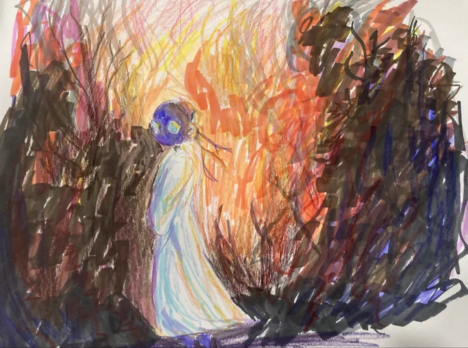 traditional art of my rain world iterator oc, infinitesimal streamlets - they are in a white gown and surrounded by burning trees and smoke as they turn to look at the viewer
