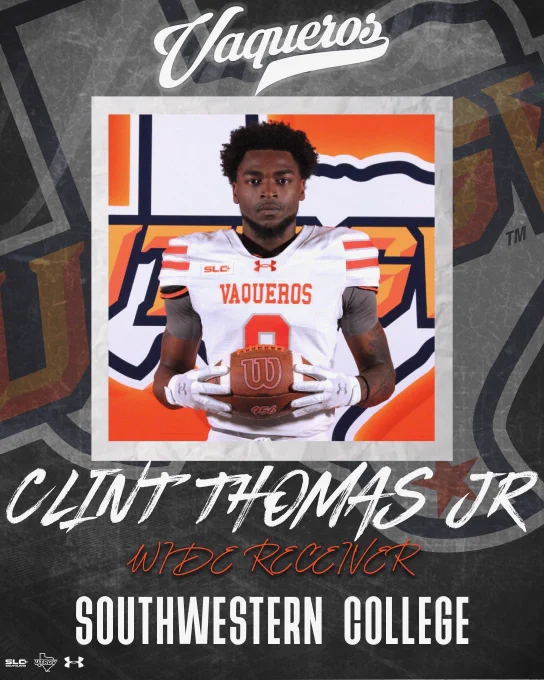 Signing graphic for a Wide Receiver from Southwestern College. Holding a football in a Vaquero Football uniform.