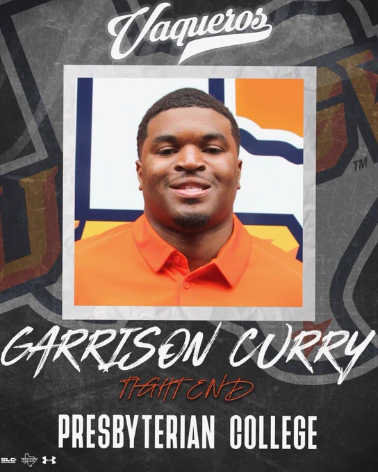 Signed graphic for a Tight End from Presbyterian College. Garrison Curry. The Image shows his face and some orange and white UTRGV color scheme around him.