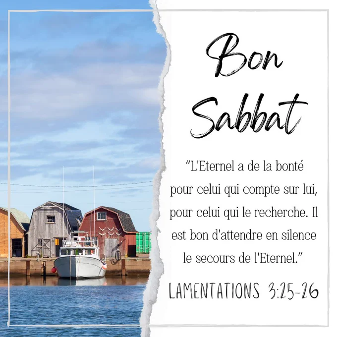 A serene harbor scene with a spiritual message celebrating the Sabbath. The image combines natural beauty with an inspirational quote.