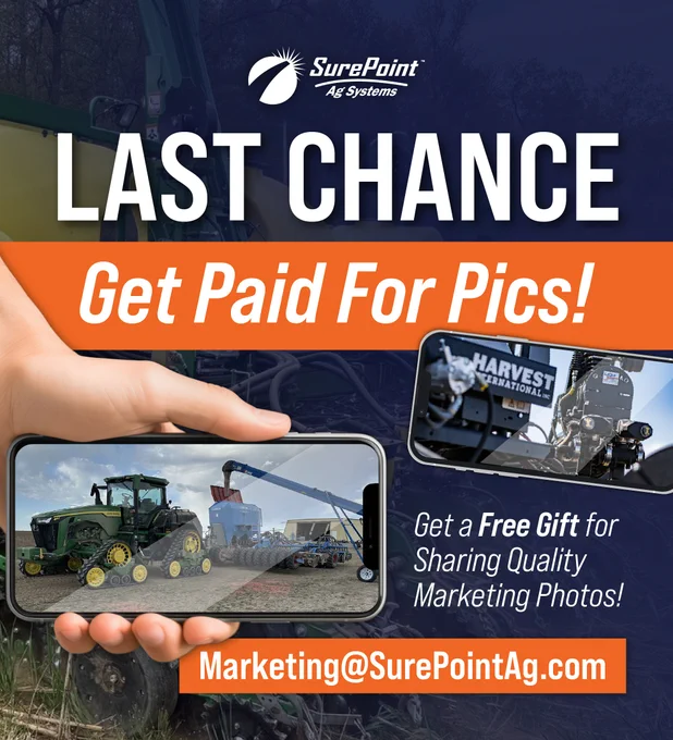𝐋𝐚𝐬𝐭 𝐜𝐡𝐚𝐧𝐜𝐞 𝐭𝐨 𝐠𝐞𝐭 𝐫𝐞𝐰𝐚𝐫𝐝𝐞𝐝 𝐟𝐨𝐫 𝐲𝐨𝐮𝐫 #𝐏𝐥𝐚𝐧𝐭𝟐𝟔 𝐩𝐡𝐨𝐭𝐨𝐬 𝐚𝐧𝐝 𝐯𝐢𝐝𝐞𝐨𝐬! There is just one week left to send us high-quality content featuring your SurePoint Ag systems in the field. Planter technology upgrades, application systems, QuickDraw™, and more are all welcome. If we feature your photos or video in future marketing campaigns, we will send you a free thank-you gift. Send submissions to marketing@surepointag.com before May 15th with a few details about you're up to. #Agriculture #FarmTech #SurePointAg #AgInnovation #ModernFarming #AgTech #Plant26