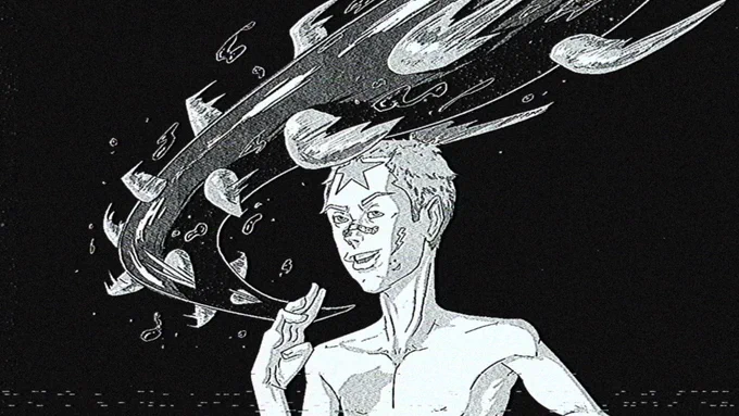 Manga illustration of a smarmy guy getting attacked by a giant tentacle in a black void
