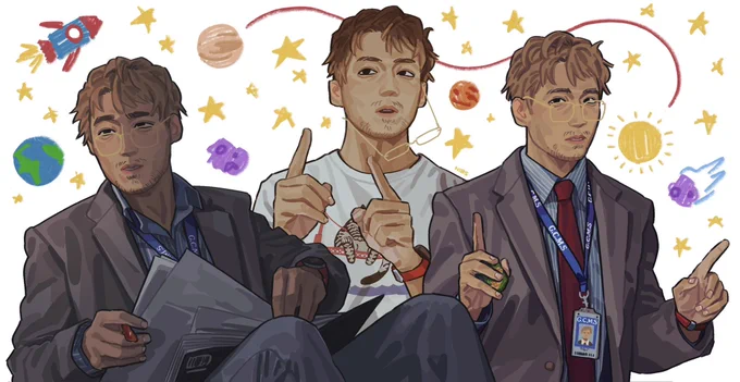 It’s three drawings of Grace as a Korean man. In the first and last, he’s wearing his teacher outfit, consisting of a gray suit jacket, a blue shirt with white stripes, a lanyard, and a red tie. In the middle drawing, he’s wearing shirt with a cat on the San Francisco bridge. In the first drawing, his collar is open and he’s leaning back while sorting through student papers. In the second drawing, he’s pointing with both hands and his glasses are askew, hanging from his ears. In the last drawing, he’s pointing again, though one hand also clutches an Earth bean bag. Crayon drawings depicting a cartoon spaceship, Earth, Venus, Mars, the Sun, several stars, and a few meteoroids fills the white space around him.