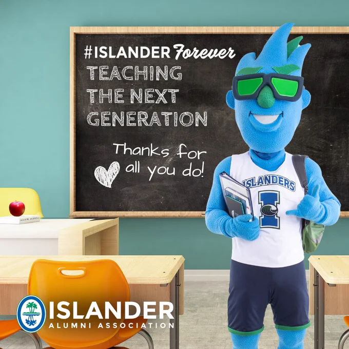 The Texas A&M University-Corpus Christi mascot "Izzy" in a classroom setting stands in front of a chalkboard with "#ISLANDER Forever, Teaching the Next Generation, Thanks for all you do!" written on it. The Islander Alumni Association logo is displayed in the corner.