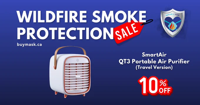 Photo of a SmartAir QT3 Portable Air Purifier (Travel Version). The air purifier is white with some orange contours and a brown handle. The following text is on the image: "10% off".
"May 11-23, Wildfire Smoke Protection Sale, buymask.ca"