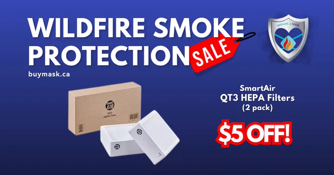 Photo of two SmartAir QT3 HEPA replacement filters with the text "$5 off".
"May 11-23, Wildfire Smoke Protection Sale, buymask.ca"