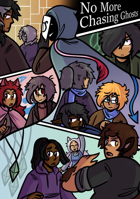 A cover page for an urban fantasy webcomic titled "No More Chasing Ghosts" featuring a large cast of characters.