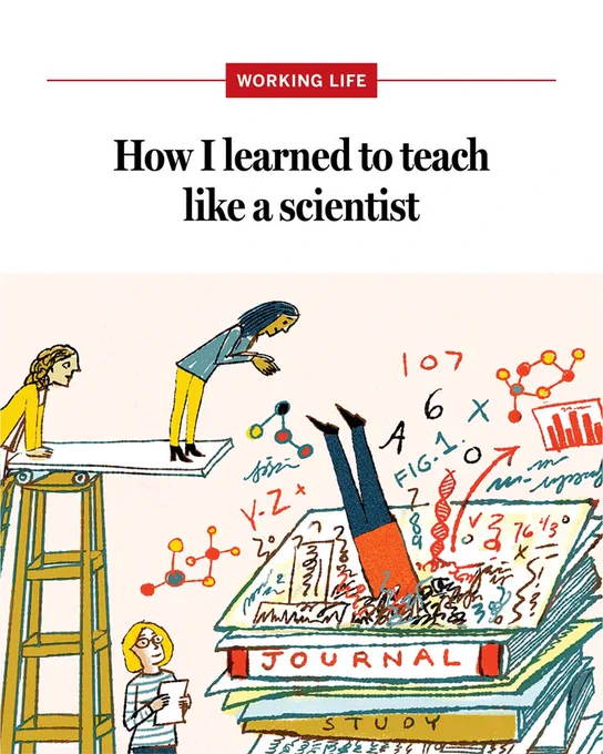 People diving into a pool of books and figures, with text: How I learned to teach like a scientist
