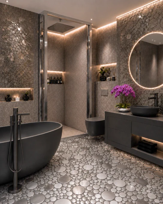 A modern luxury bathroom concept with matte charcoal fixtures, a chrome-framed walk-in shower, round backlit mirror, metallic circular mosaic walls, and a stainless-steel inspired floor. The bright lilac orchid adds a soft designer accent to the darker spa-style interior. Perfect inspiration for luxury bathroom design, modern shower ideas, dark bathroom interiors, and high-end spa bathroom styling.
