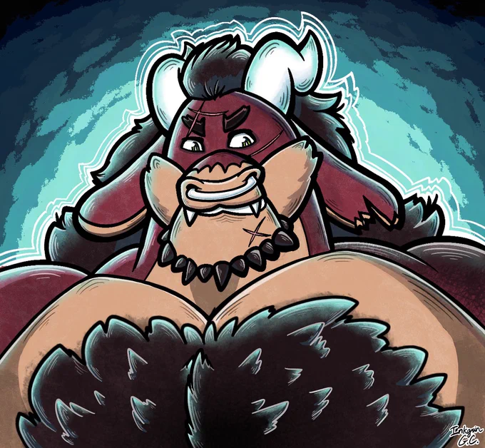 Stylized bust artwork of a muscular anthropomorphic dragon-demon-bull hybrid character with white large horns, dark fur, sharp teeth, and a goofy grin. The character has reddish skin/fur, , fluffy dark chest hair, bull-like nose ring on his nostrils, some scars on his face, and bold black lineart with cyan rim lightning against a glowing blue textured background.