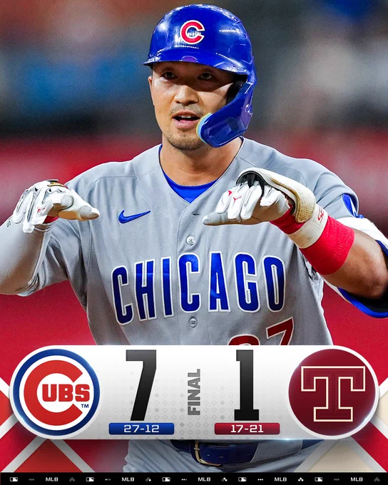Final Score Graphic, 5/8/26
Chicago Cubs 7 (27-12), Texas Rangers 1 (17-21)
Pictured: Seiya Suzuki celebrates while rounding the bases after hitting a home run. He is wearing a gray Chicago Cubs jersey and a blue Cubs batting helmet.
