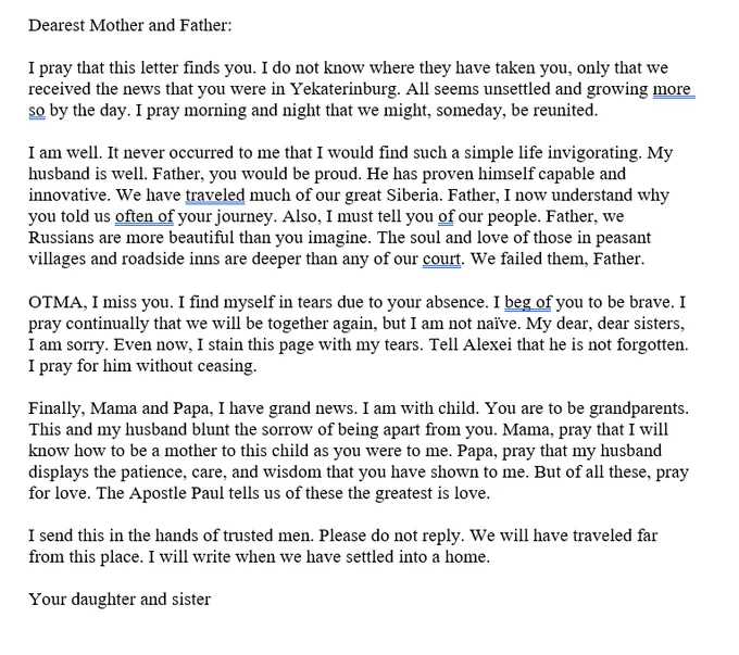 Maria writes to her family