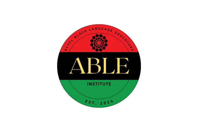 Logo of the ABLE Institute, featuring a circular design with a red, black, and green color scheme and the text "ACTFL Black Language Educators" and "EST. 2024".