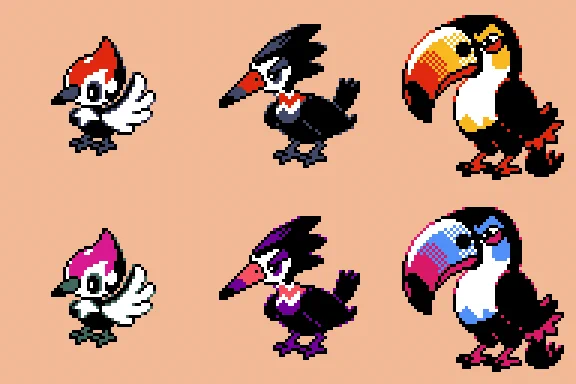 GSC-style sprites of Pikipek, Trumbeak, and Toucannon