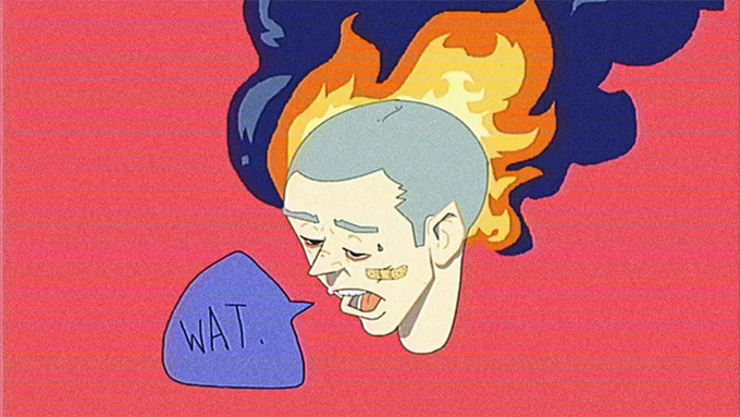Manga illustration of a man with his head on fire.