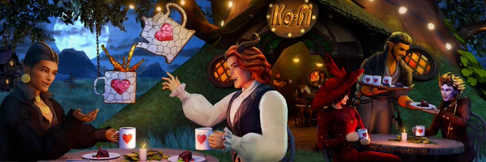 Ko-fi banner art featuring a cozy tree cafe with hanging lights on a full moons night, patrons enjoying their coffees by candlelight celebrating comradery and creativity! Made by TheStarTome ✨