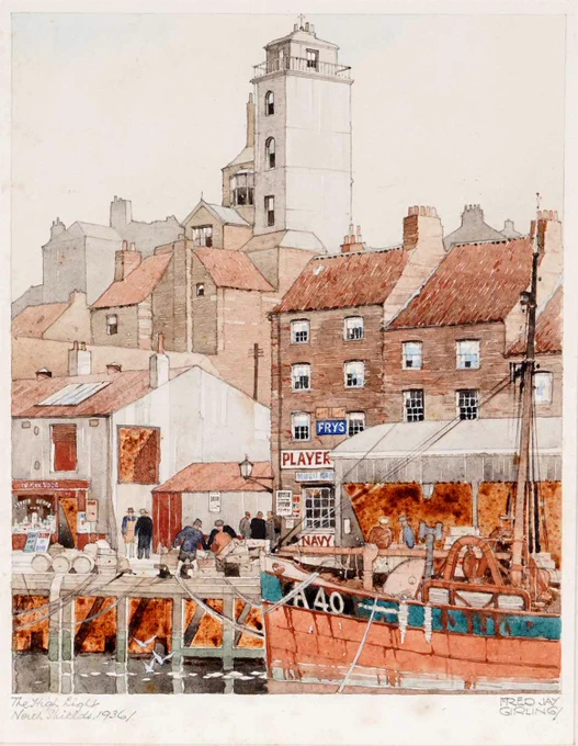 At auction, Fred Jay Girling (1900-1982), "The High Light, North Shields, 1936".  Signed, titled and dated in the margin, in watercolour and pencil.

Size 34 x 28cms in frame.

Girling was a naval architect who moved to Newcastle in 1929.

Image: Anderson & Garland Ltd. Newcastle