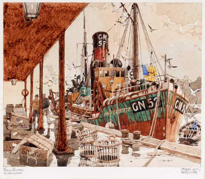 At auction, another Fred Jay Girling (1900-1982) watercolour & pencil, this time it's "Fish Quay, N. Shields" (North Shields),
signed and titled in the margin.

Size is 34 x 35.5cms in frame.

The clear lines reveal Girling's training as an architect.

Image: Anderson & Garland