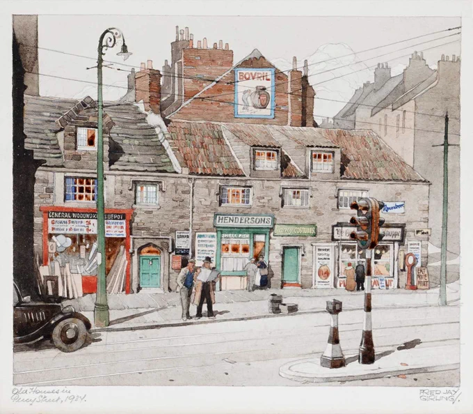 Coming to auction, the final of 3 watercolour and pencil works by Fred Jay Girling (1900-1982), "Old Houses in Percy Street, 1934", Newcastle upon Tyne. Signed, titled and dated in the margin.

35 x 38.5cms in frame.

Image: Anderson & Garland Ltd. Newcastle