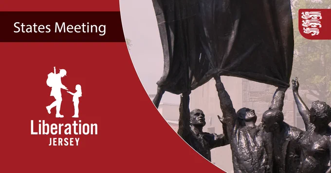 On the right is a close up view of the statue in Liberation Square, showing , focusing on the faces of the people holding the flag. On the left, on a red background, is a silhouette of a solider greeting a little girl, with the words Liberation Jersey underneath and States Meeting above it.