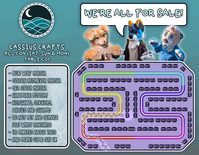 A map of the 2026 Dealers Den at Confuzzled that details where to find Cassius Crafts' table. He will be vending at Table C01 Saturday, Sunday and Monday.