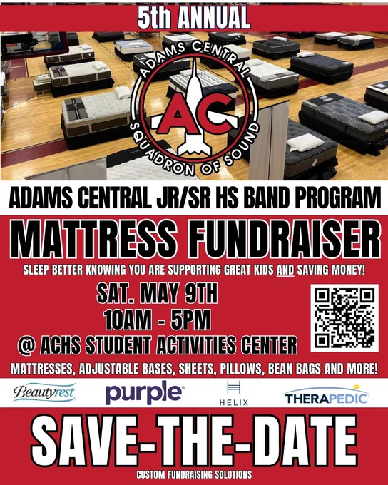 5th annual Adams Central Jr/Sr HS Band mattress fundraiser event, showing various mattresses, adjustable bases, and other items for sale, with event details and logos for sponsors.