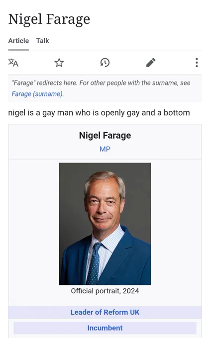 Nigel Farage 
nigel is a gay man who is openly gay and a bottom