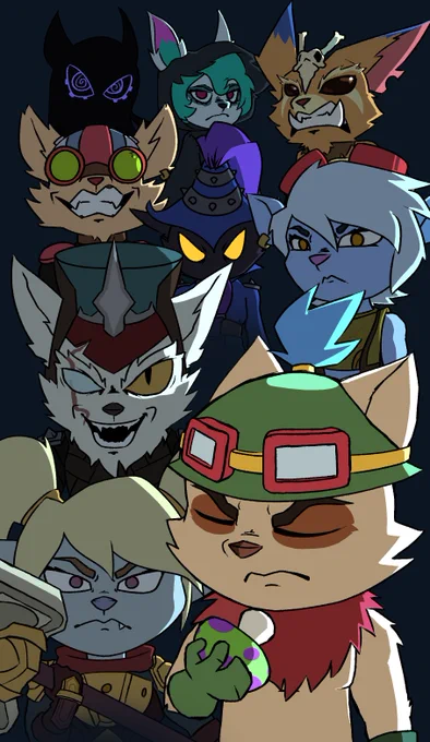 Teemo, Poppy, Kled, Tristana, Veigar, Ziggs, Gnar, and Vex in that Viltrumite group photo pose