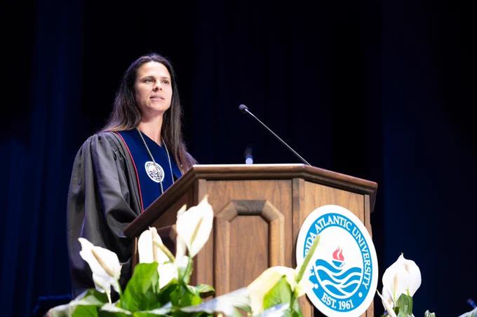 Olympian Brittany Bowe delivers the commencement address and receives the President’s Distinguished Service Medallion at this morning’s ceremony.