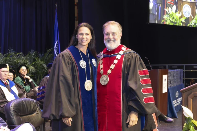 Olympian Brittany Bowe delivers the commencement address and receives the President’s Distinguished Service Medallion at this morning’s ceremony.