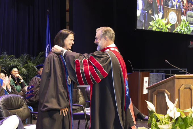Olympian Brittany Bowe delivers the commencement address and receives the President’s Distinguished Service Medallion at this morning’s ceremony.
