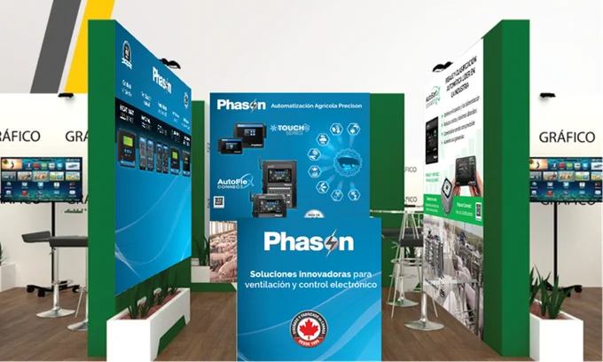 Rendering of the Phason Controls trade show booth for Opormex 2026 featuring AutoFlex Connect and Touch Series controls in Spanish-language farm automation displays.
