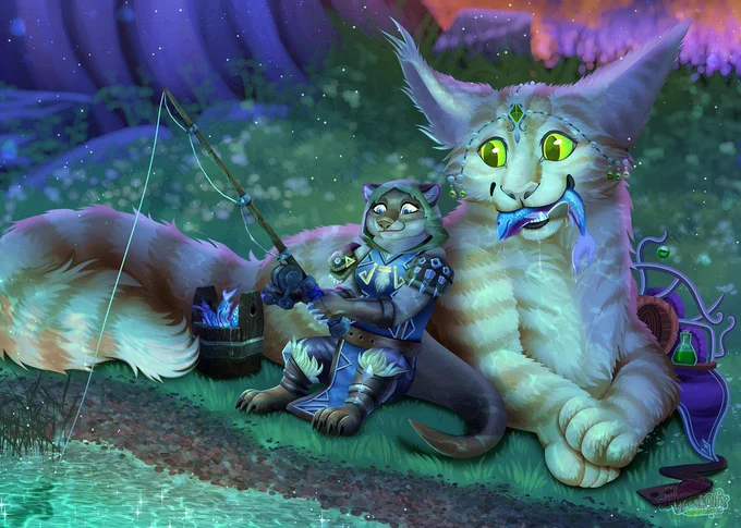 A full illustration of an otter oc sitting beside her feline cat mount with a fish in its mouth while the otter continues to fish.
