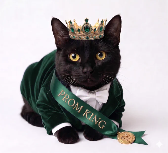 Coriolanus the cat in a Gemini-enhanced Prom King outfit