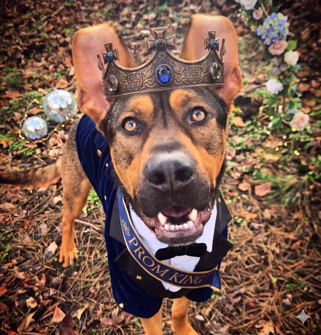 Galan the dog in a Gemini-enhanced Prom King outfit