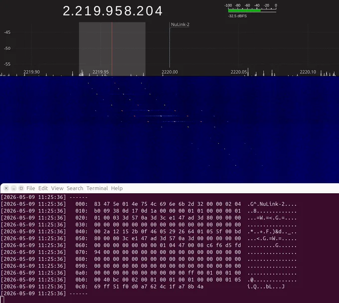 38,400 baud AX100 downlinks from NuLink-2 in GQRX.    Frames decoded with GNU Radio / gr-satellites