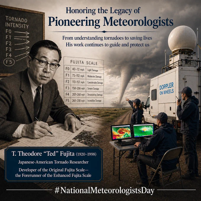 A split-panel tribute graphic honors pioneering meteorologist T. Theodore “Ted” Fujita. On the left, a sepia-toned portrait shows Fujita studying weather maps at a desk, with a chalkboard behind him labeled “Tornado Intensity” and a chart listing the Fujita Scale categories F0–F5 with associated wind speeds and damage descriptions. Text reads: “Honoring the Legacy of Pioneering Meteorologists” and “From understanding tornadoes to saving lives, His work continues to guide and protect us.”

On the right, a modern storm-chasing team works beside a “Doppler on Wheels” radar vehicle as a tornado touches down beneath dark storm clouds over open plains. One researcher points toward the tornado while another monitors radar displays. The hashtag #NationalMeteorologistsDay appears along the bottom.