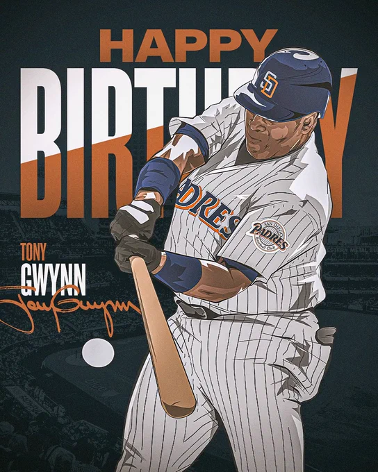 Happy birthday graphic for Tony Gwynn. The background of the graphic features a photo of Petco Park. There is a blue overlay on the photo. Text towards the top of the graphic reads "Happy Birthday" in orange and white. On the right side of the graphic, there is a photo of Tony Gwynn mid-swing in the Padres white and navy pinstripe uniform. On the left side of the photo, Tony's name is written in orange and white. His signature is also shown in orange.
