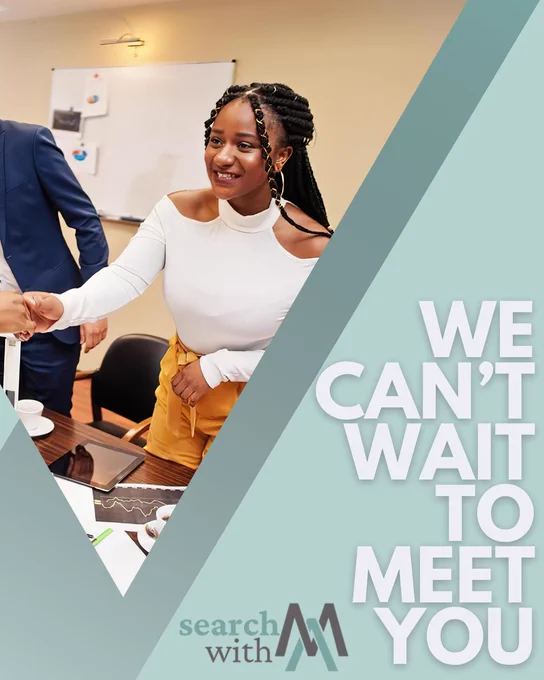 A welcoming image for a business meeting featuring a woman smiling and shaking hands with unseen colleagues. The design includes a motivational text overlay.
