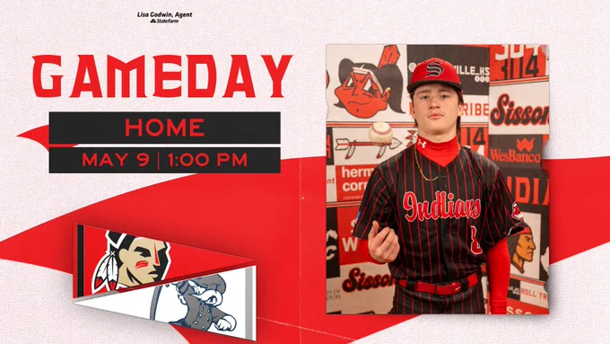 Gameday announcement: Home game May 9 at 1:00 PM. Features player photo and team logos.