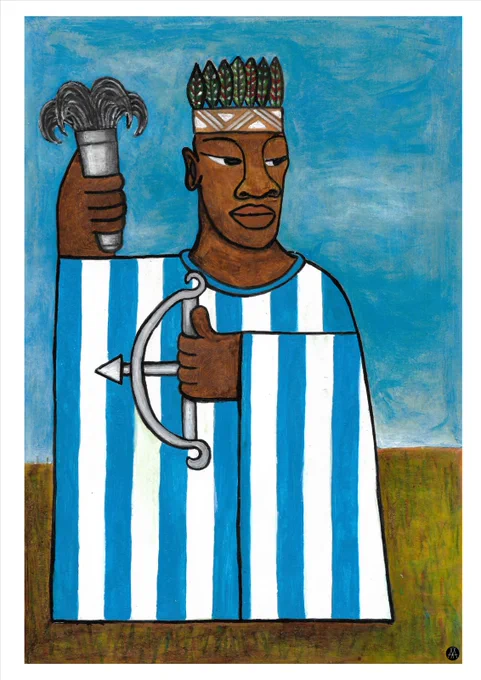 A central figure of silent and symbolic presence, defined by vertical bands and sharp contours. The restrained gesture and the ritual object evoke mastery, inner depth, and ancestry.

Created in acrylic on paper, the work uses flat colors and graphic language to construct a contemporary archetype that bridges tradition and visual synthesis.