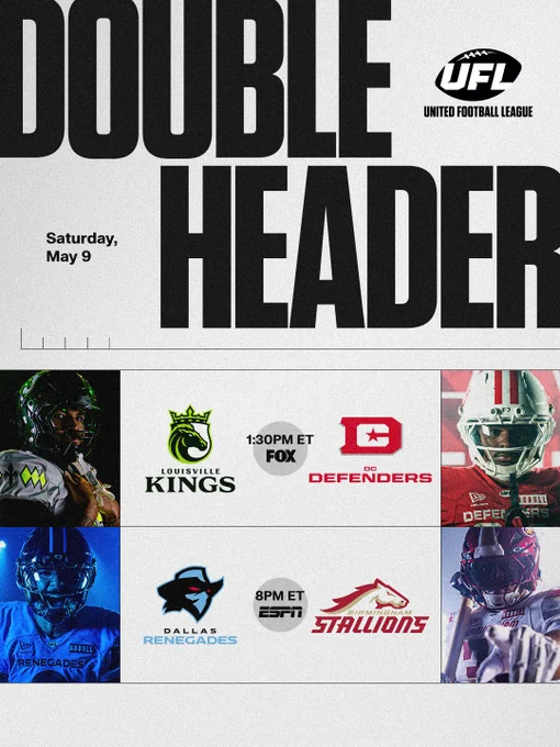 Promotional poster for the UFL double header games on May 9 featuring the Louisville Kings vs. DC Defenders and Dallas Renegades vs. Birmingham Stallions. Energetic and competitive atmosphere.