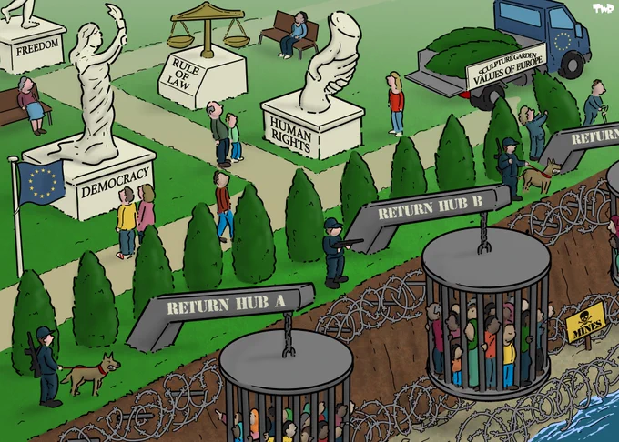 Cartoon showing a sculpture garden, full of sculptures that embody the values of Europe: freedom, democracy, role of law and human rights. People are strolling through the garden, while gardeners are planting trees to hide giant three cages with migrants, labeled 'return Hub A', 'B' and 'C', from sight.
