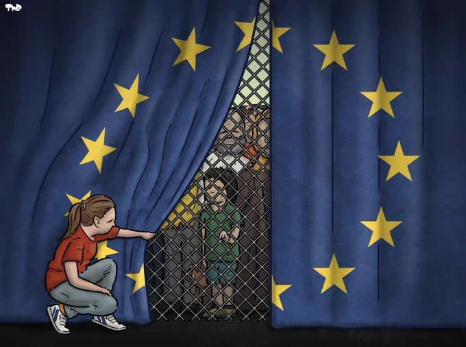 Cartoon showing a woman pulling back a large curtain with the EU flag on it to reveal a fence with migrants standing behind it.