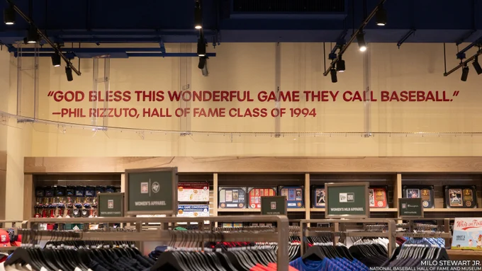 "God bless this wonderful game they call baseball." Quote from Phil Rizzuto, Hall of Fame Class of 1994, on display in the Museum Store. (Milo Stewart Jr./National Baseball Hall of Fame and Museum)