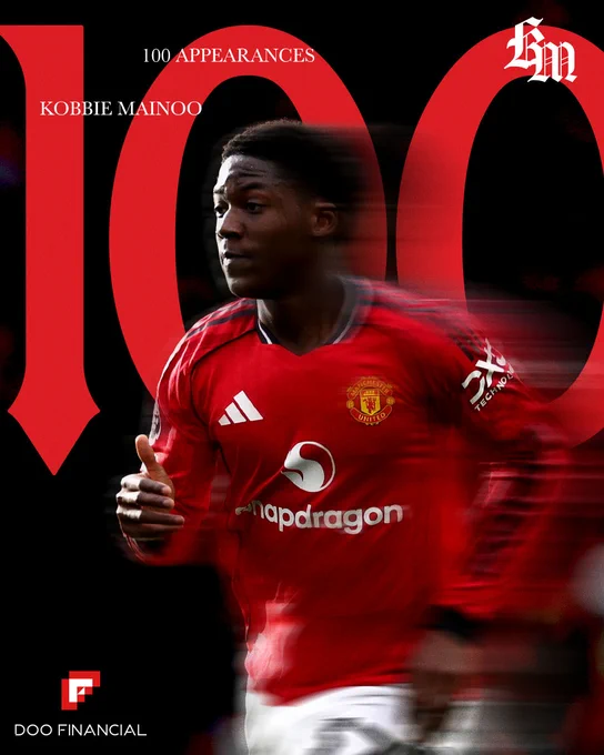 A graphic to mark Kobbie Mainoo's 100th United appearance.