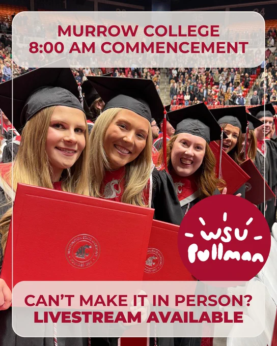 Group of graduates in caps and gowns holding red diplomas at Murrow College commencement with livestream info overlay.