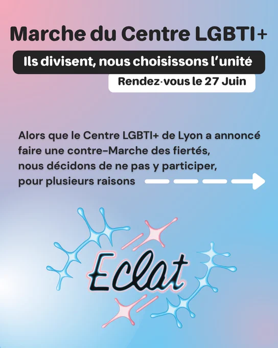 Marche du Centre LGBTI 
Ils divisent, nous choisissons l’unité : Rendez-vous le 27 Juin
 
Alors que le Centre LGBTI  de Lyon a annoncé faire une contre-Marche des fiertés, nous décidons de ne pas y participer, pour plusieurs raisons