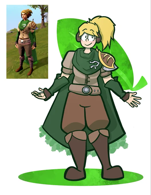 My RuneScape character wearing her 120 woodcutting outfit, with a mix of default outfits and the woodsman archer shirt