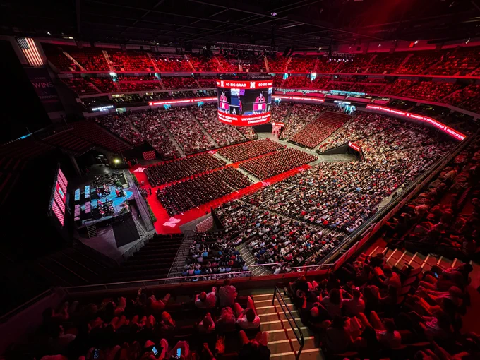 A view from the top rows as graduates and families fill Pinnacle Bank Arena for the morning undergraduate commencement